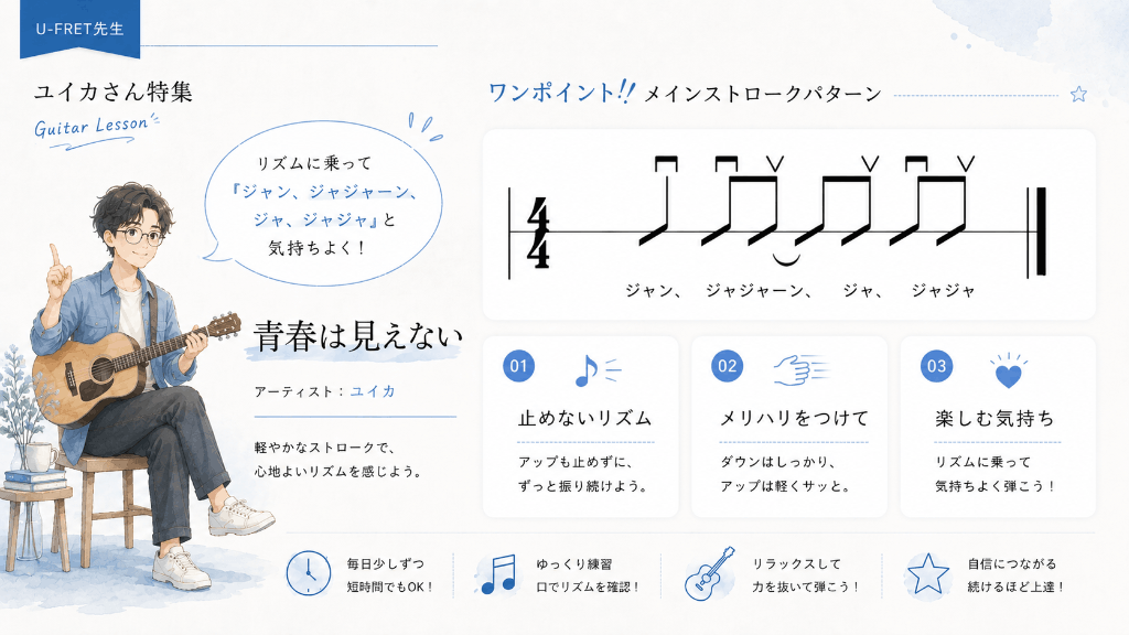 『青春は見えない』の右手ストロークパターンを解説したワンポイントレッスン画像